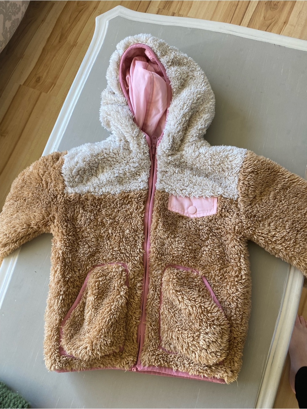 George Plush Teddy Jacket in Brown with Pink Trim